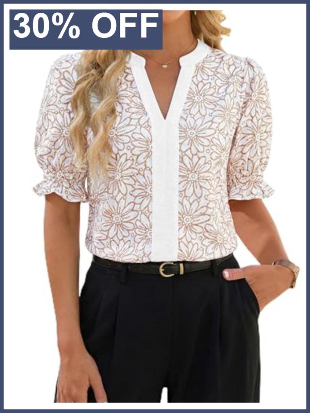 Floral Puff Sleeve Notch Neck Dressy Casual Blouse